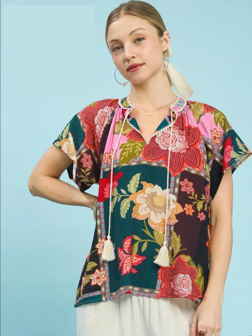 💖Hello Gorgeous! Umgee Mix Floral Patchwork Boho Tassel Tie Top